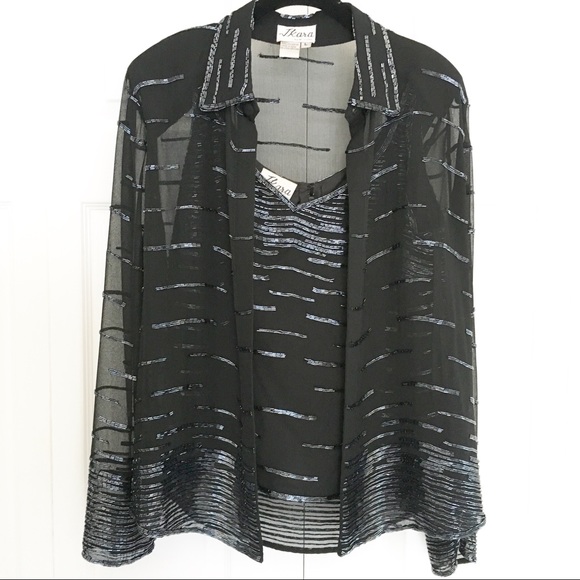 J Kara Tops - Beaded Sequin 2-piece Sheer Long Sleeve & Tank Top